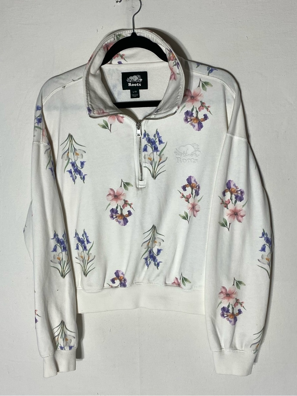 Roots White Botanical Floral Organic Cotton Half Zip Mock Neck Sweatshirt L